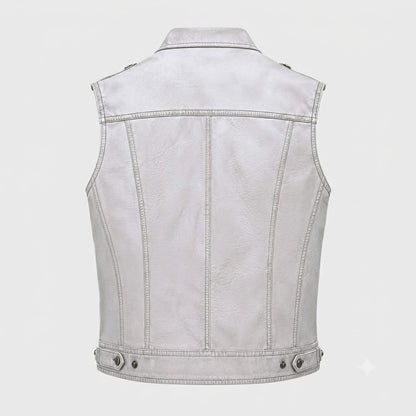 Ice white biker vest YKK brass zipper detail