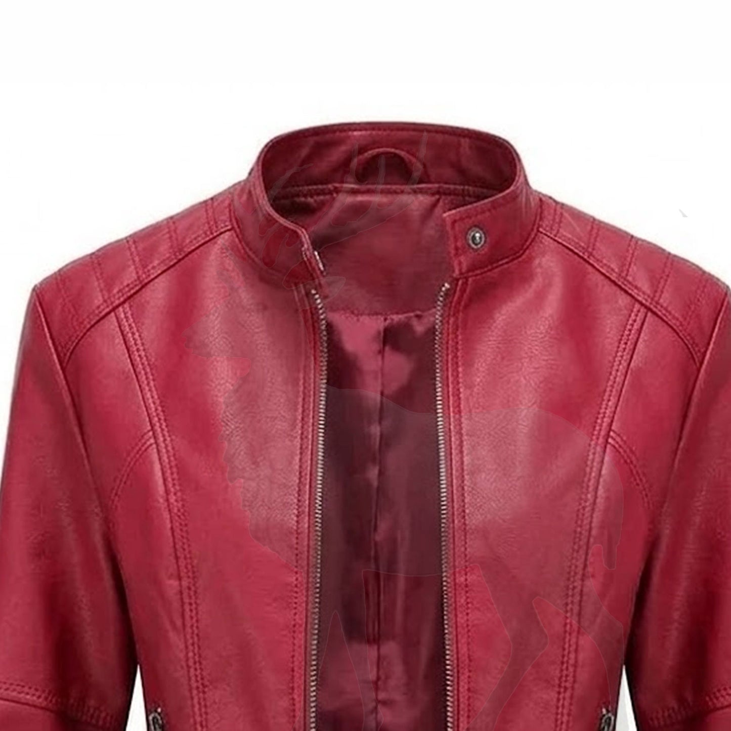 Close up stand collar of women’s red leather moto jacket snap button closure premium stitching minimalist design detail
