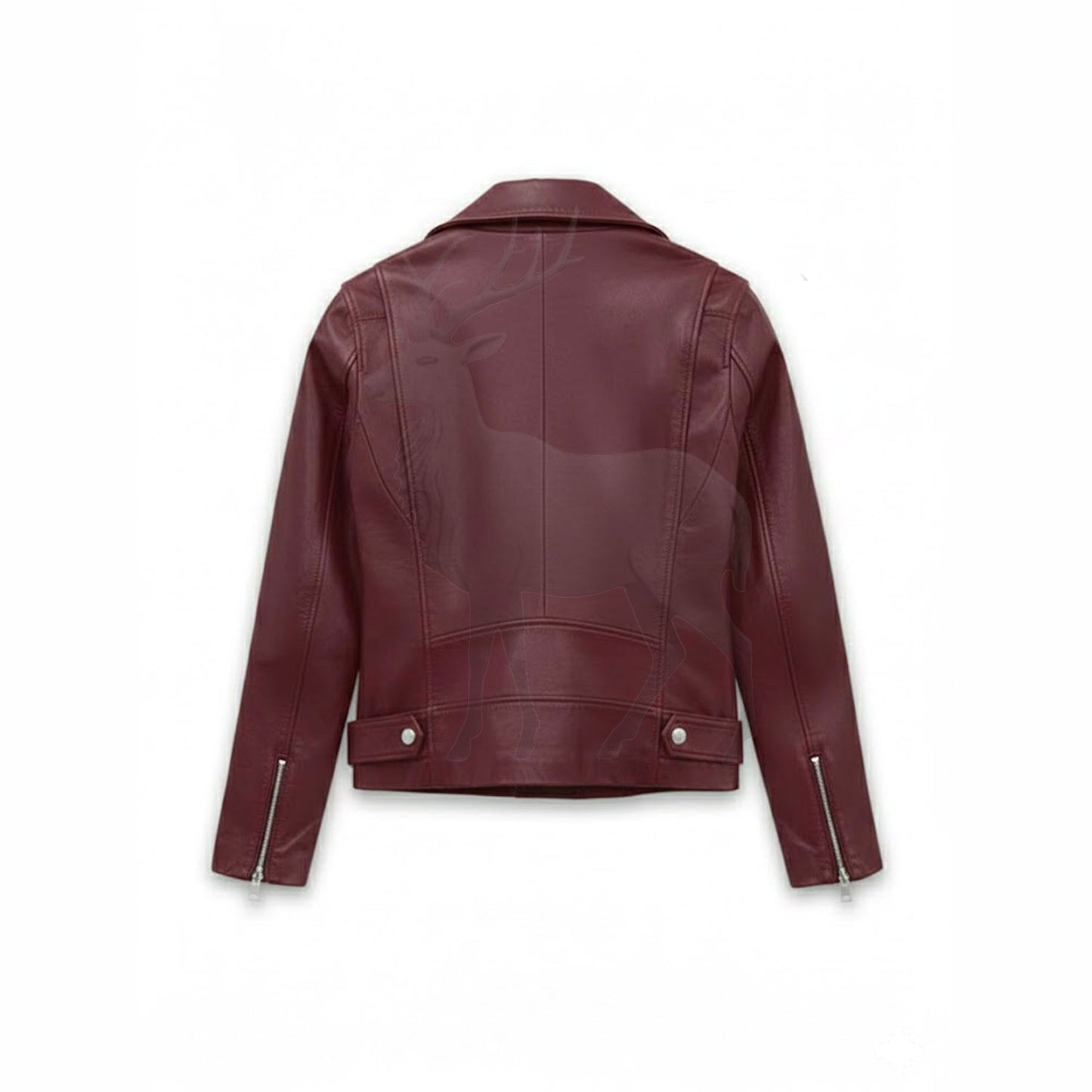 Women’s burgundy leather biker jacket back view cropped silhouette fitted design premium lambskin leather outerwear