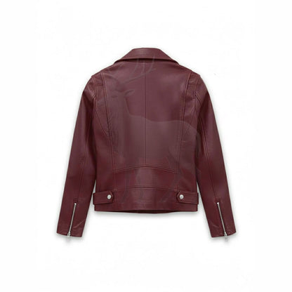 Women’s burgundy leather biker jacket back view cropped silhouette fitted design premium lambskin leather outerwear