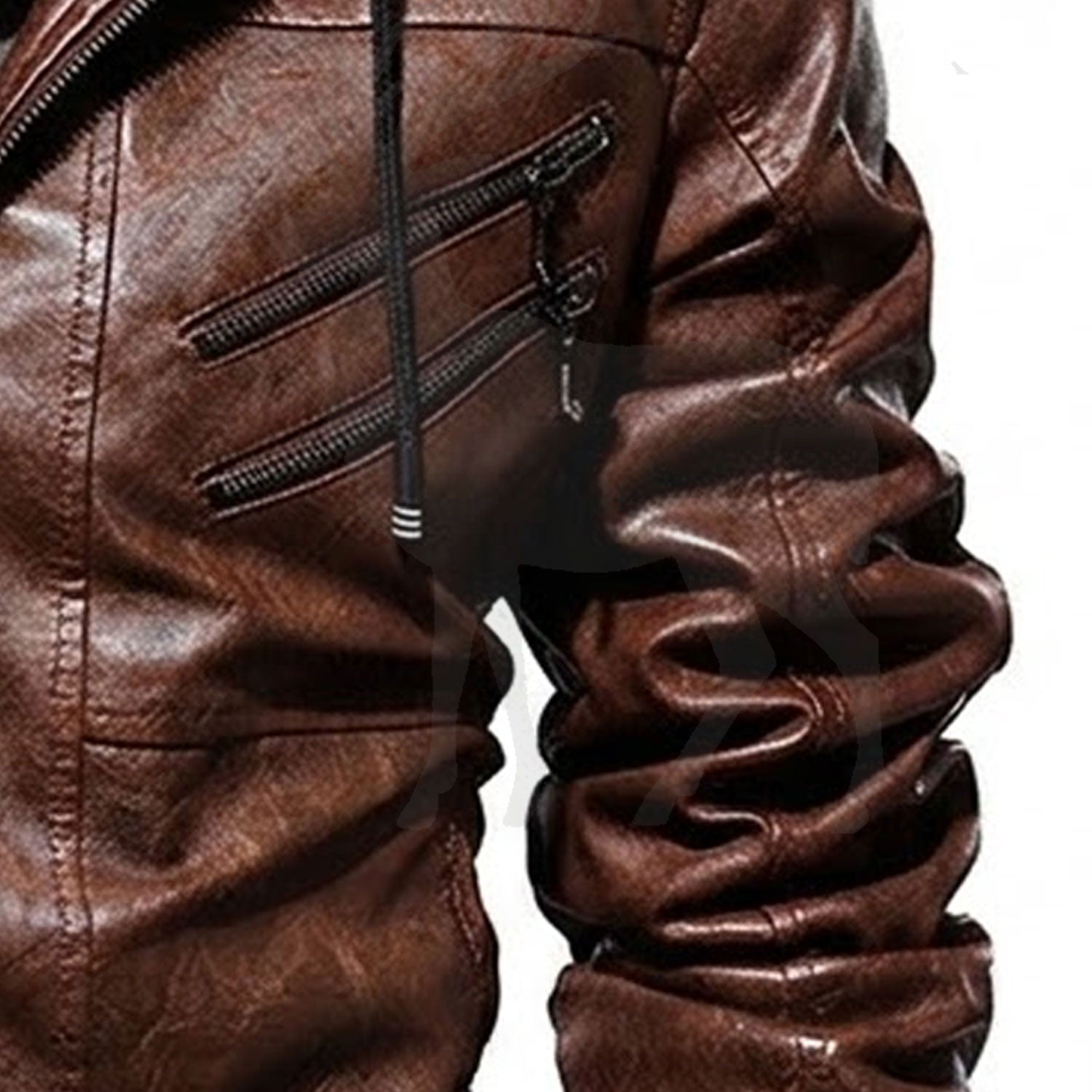 Close up front pocket detail of men’s brown hooded leather biker jacket with flap pockets, premium stitching, vintage distressed genuine leather finish and functional design