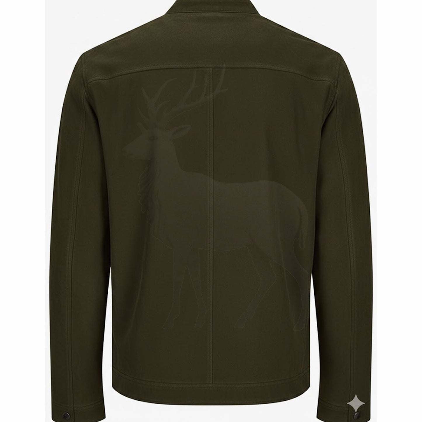 Men’s olive green leather jacket back view clean minimalist silhouette slim fit moto style premium leather outerwear
