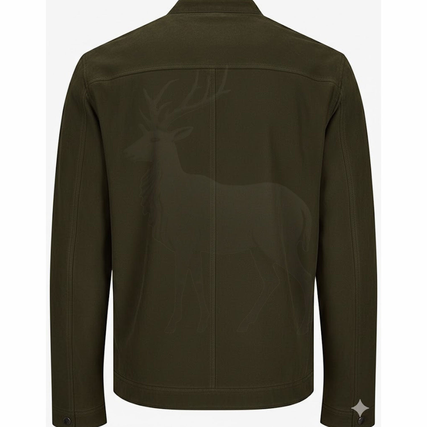 Men’s olive green leather jacket back view clean minimalist silhouette slim fit moto style premium leather outerwear