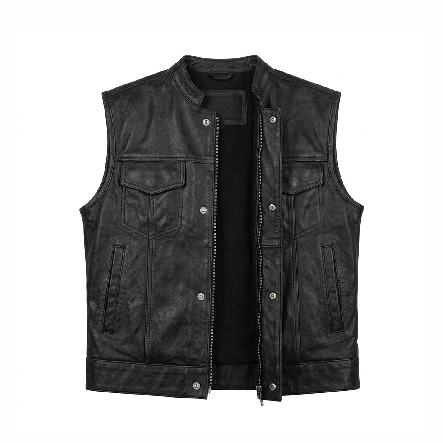 Black buffalo leather ribbed MC club vest front view