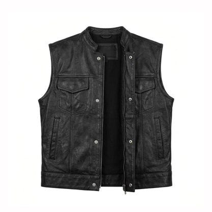 Black buffalo leather ribbed MC club vest front view