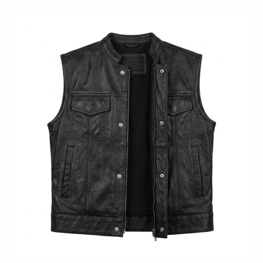 Black buffalo leather ribbed MC club vest front view