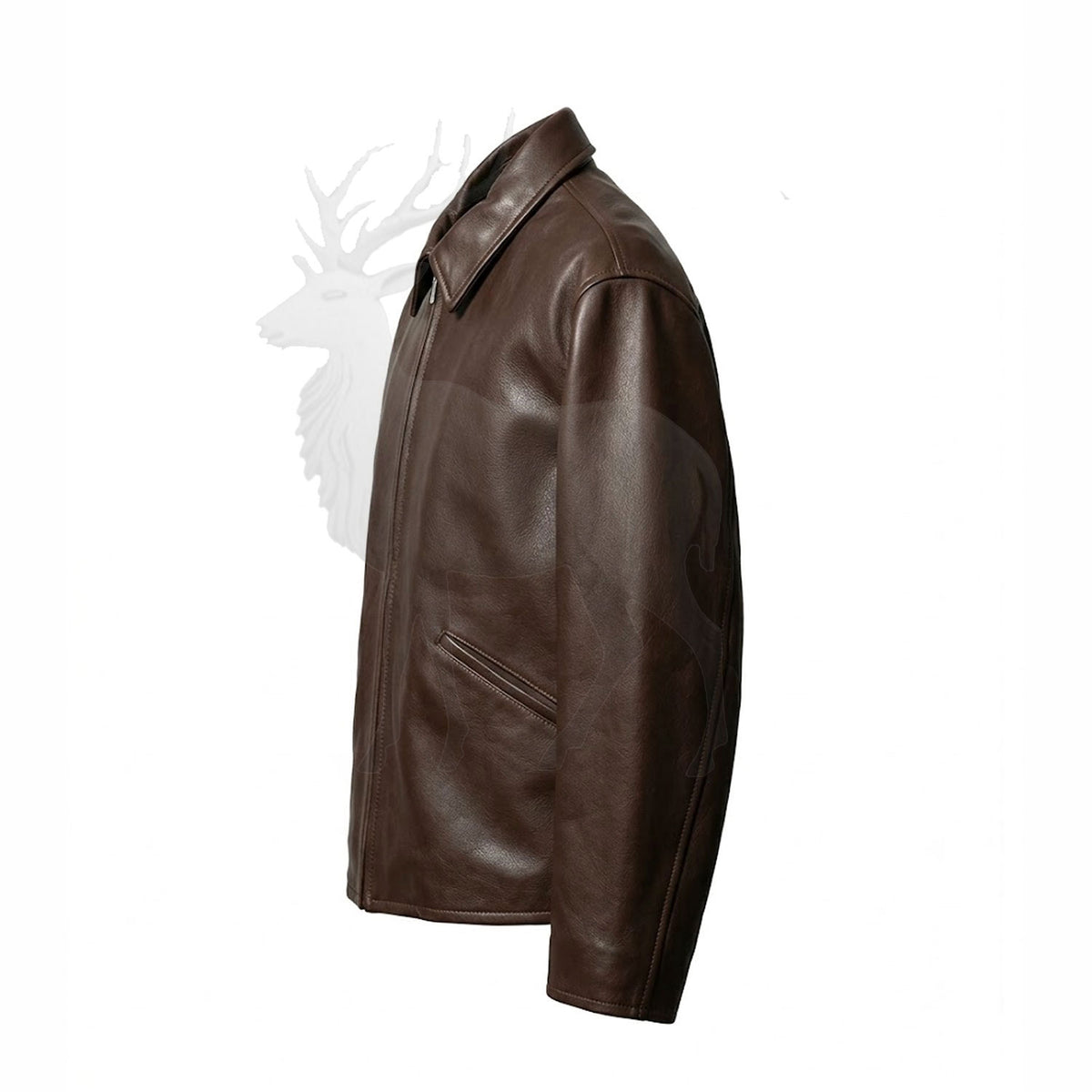 Men’s brown leather jacket side view 