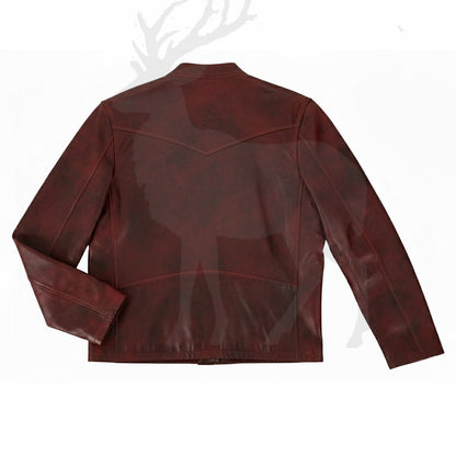 Men’s brown leather jacket back view distressed vintage finish slim fit cafe racer biker jacket genuine leather