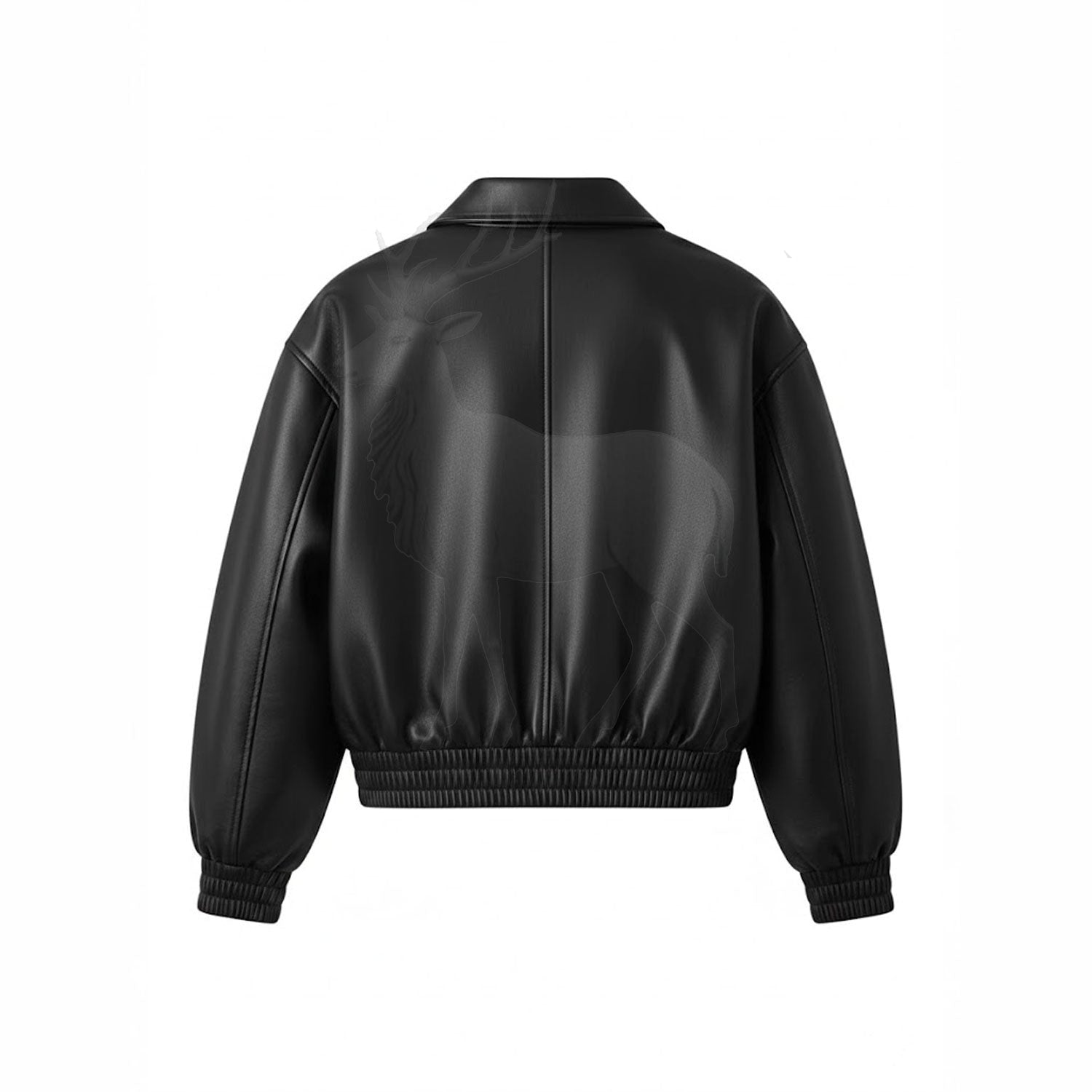 Women’s black cowhide leather cropped jacket back view minimalist bomber silhouette elastic waistband premium leather outerwear