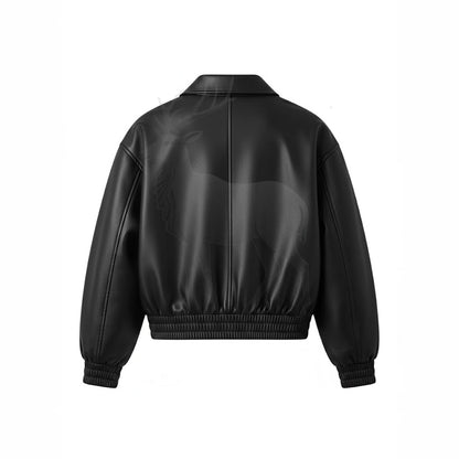 Women’s black cowhide leather cropped jacket back view minimalist bomber silhouette elastic waistband premium leather outerwear
