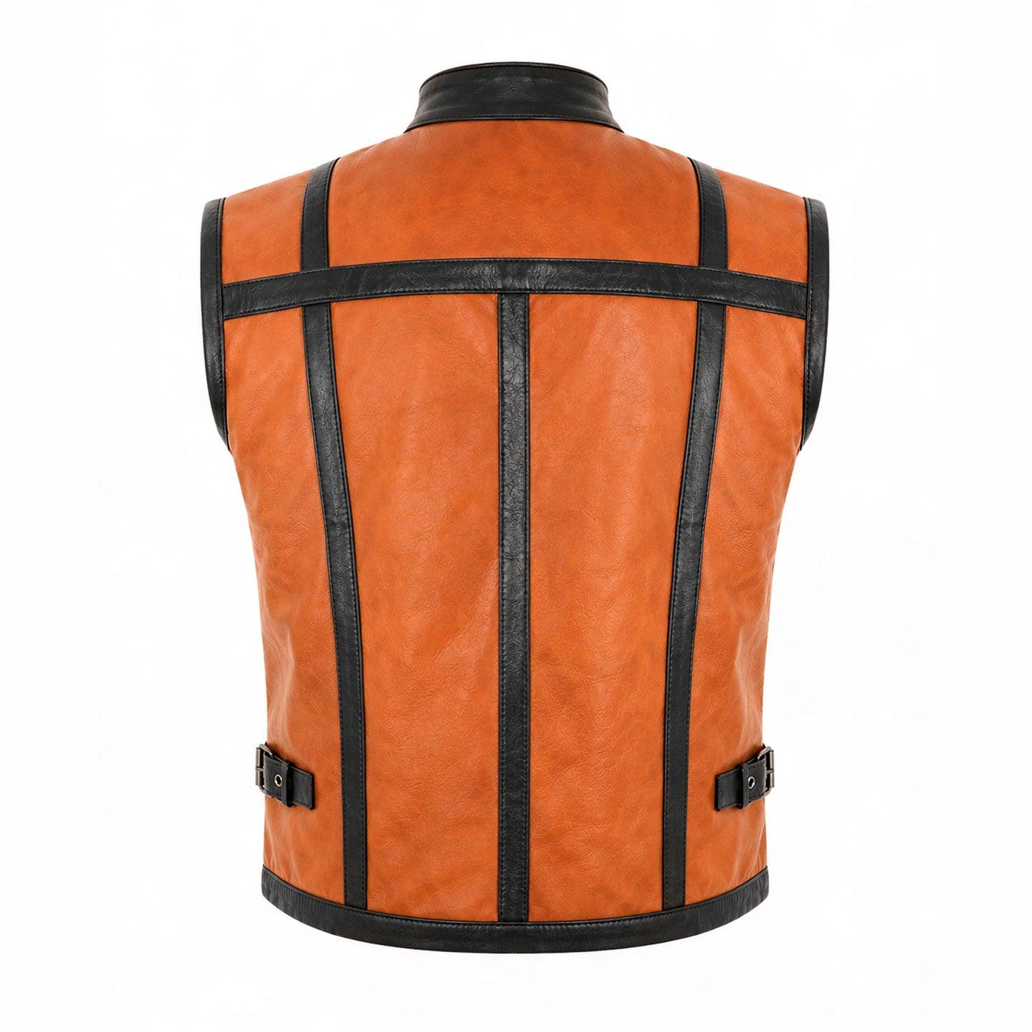 Cognac leather vest buckle collar detail