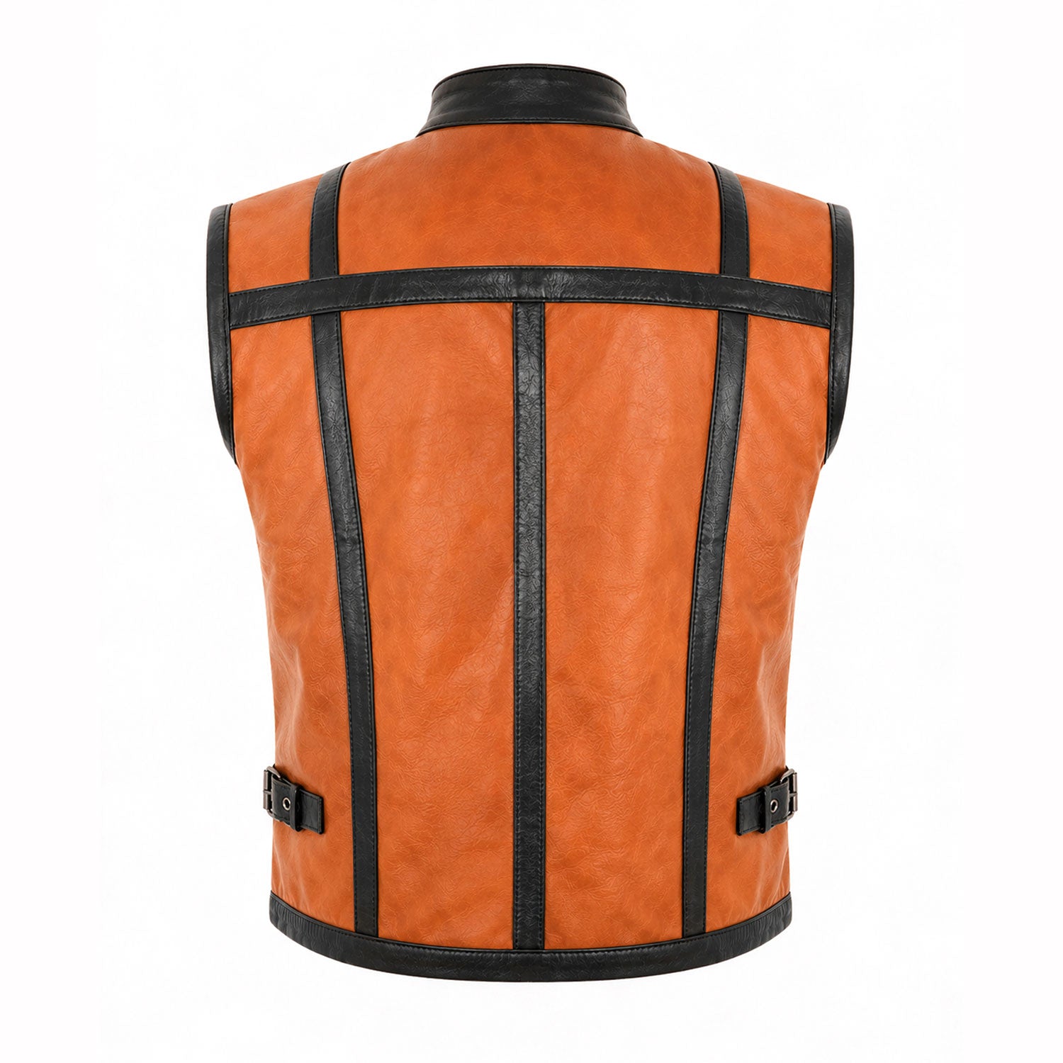 Cognac leather vest buckle collar detail