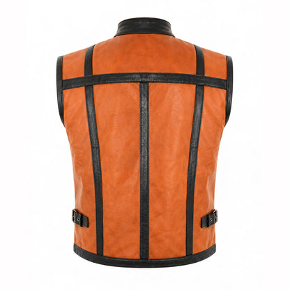 Cognac leather vest buckle collar detail