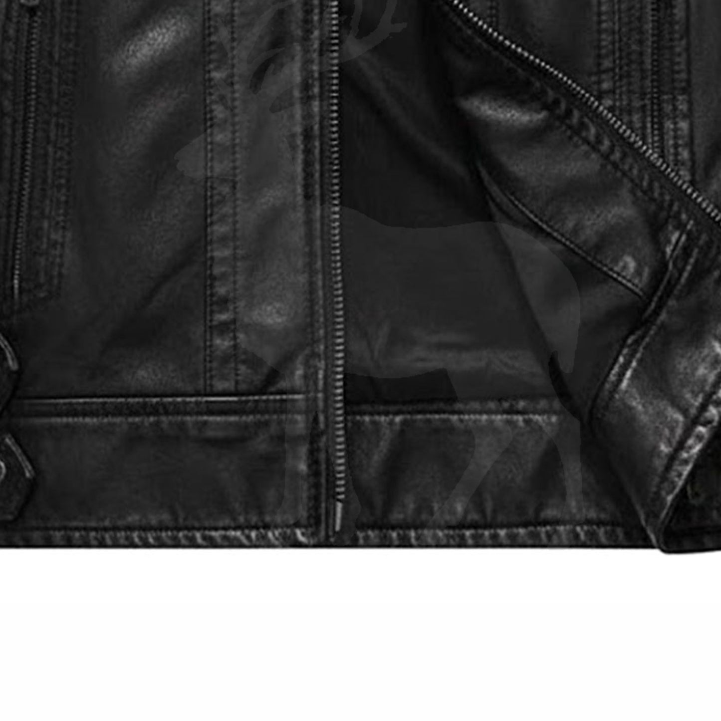 Close up lower zipper detail on men’s black genuine leather biker jacket with slim fit cafe racer motorcycle style design