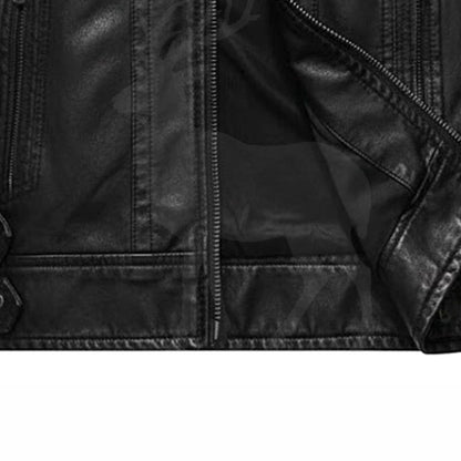 Close up lower zipper detail on men’s black genuine leather biker jacket with slim fit cafe racer motorcycle style design