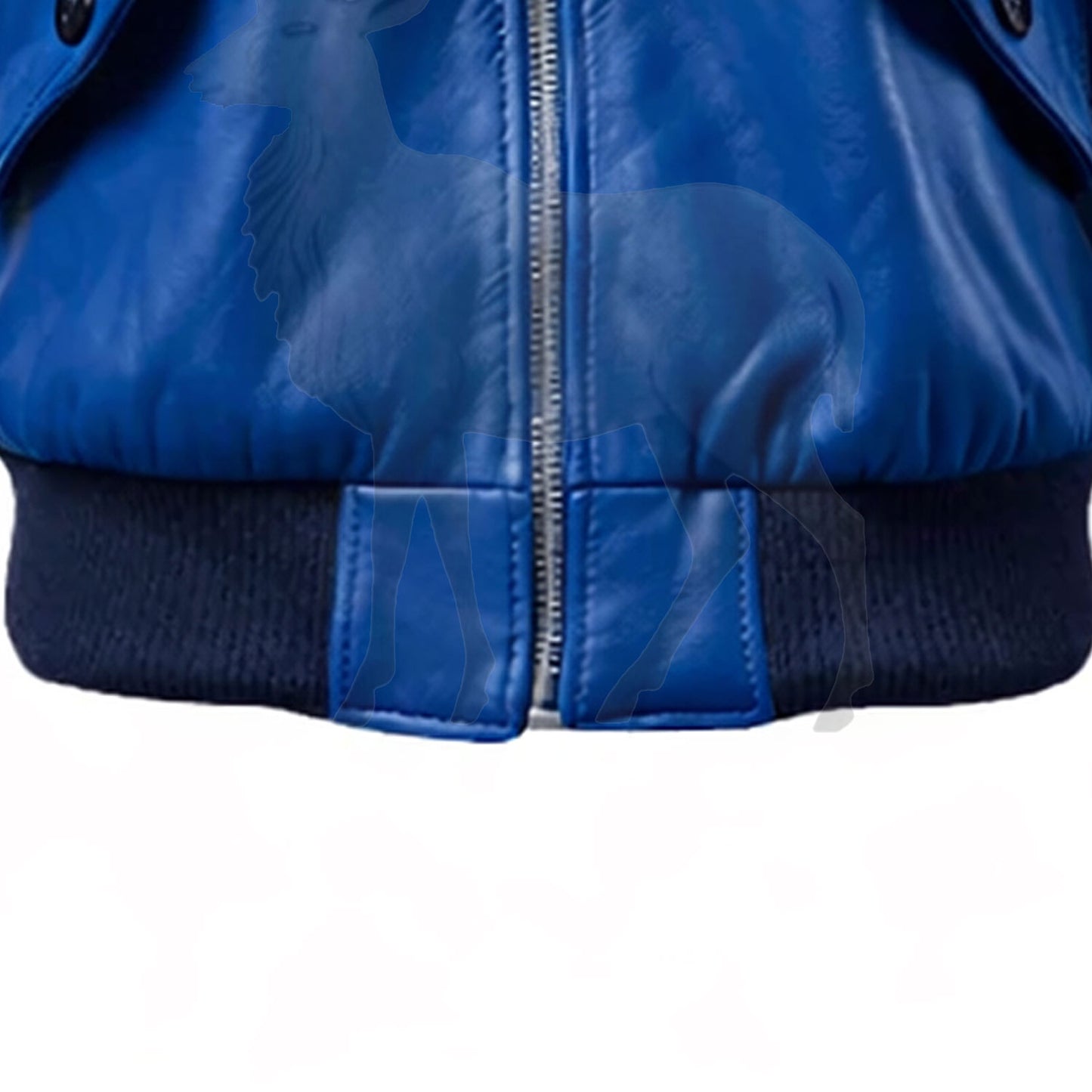 Close up lower zipper detail on men’s blue leather bomber jacket premium metal zip smooth leather construction