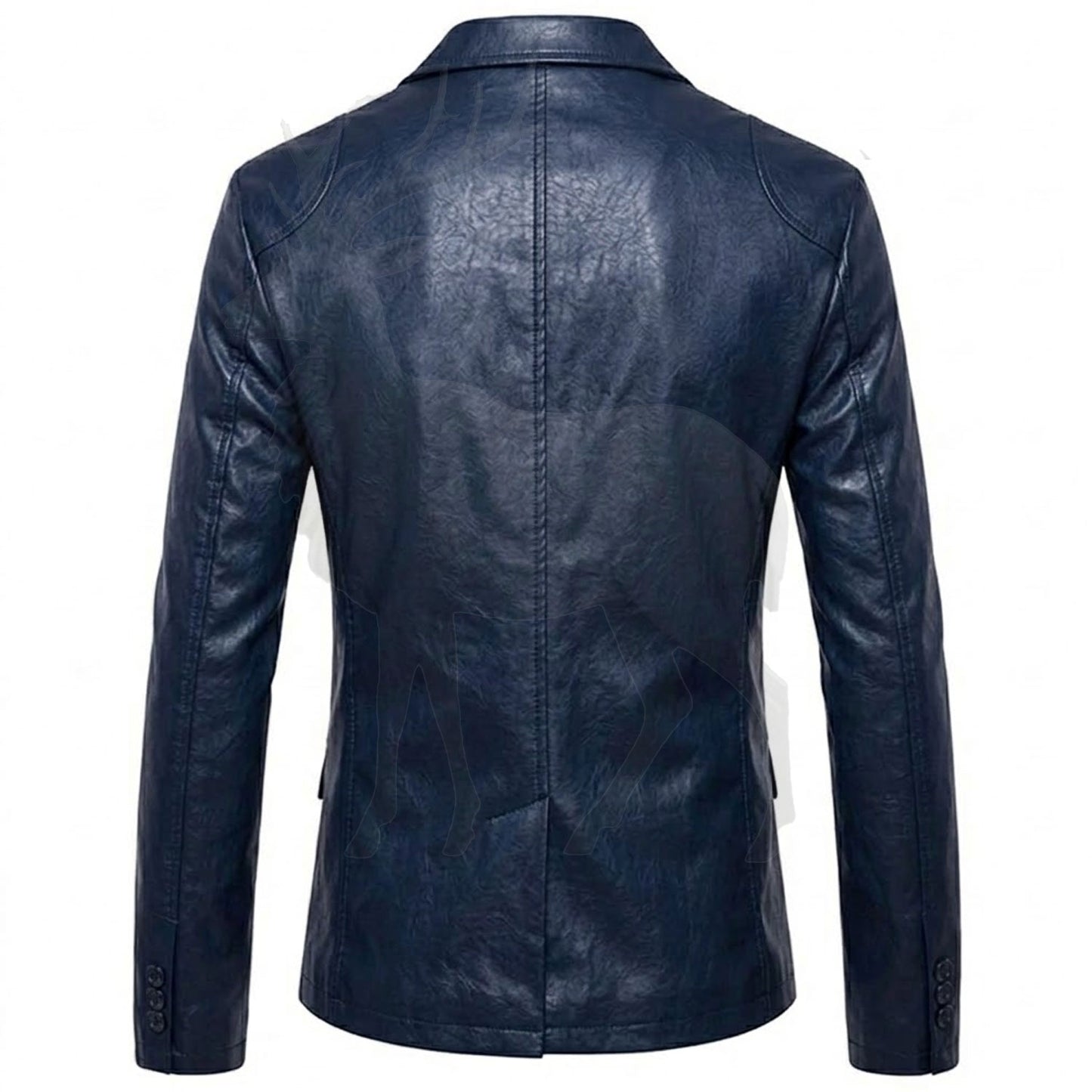 Men’s navy blue leather blazer back view clean tailored silhouette premium genuine leather formal fashion coat