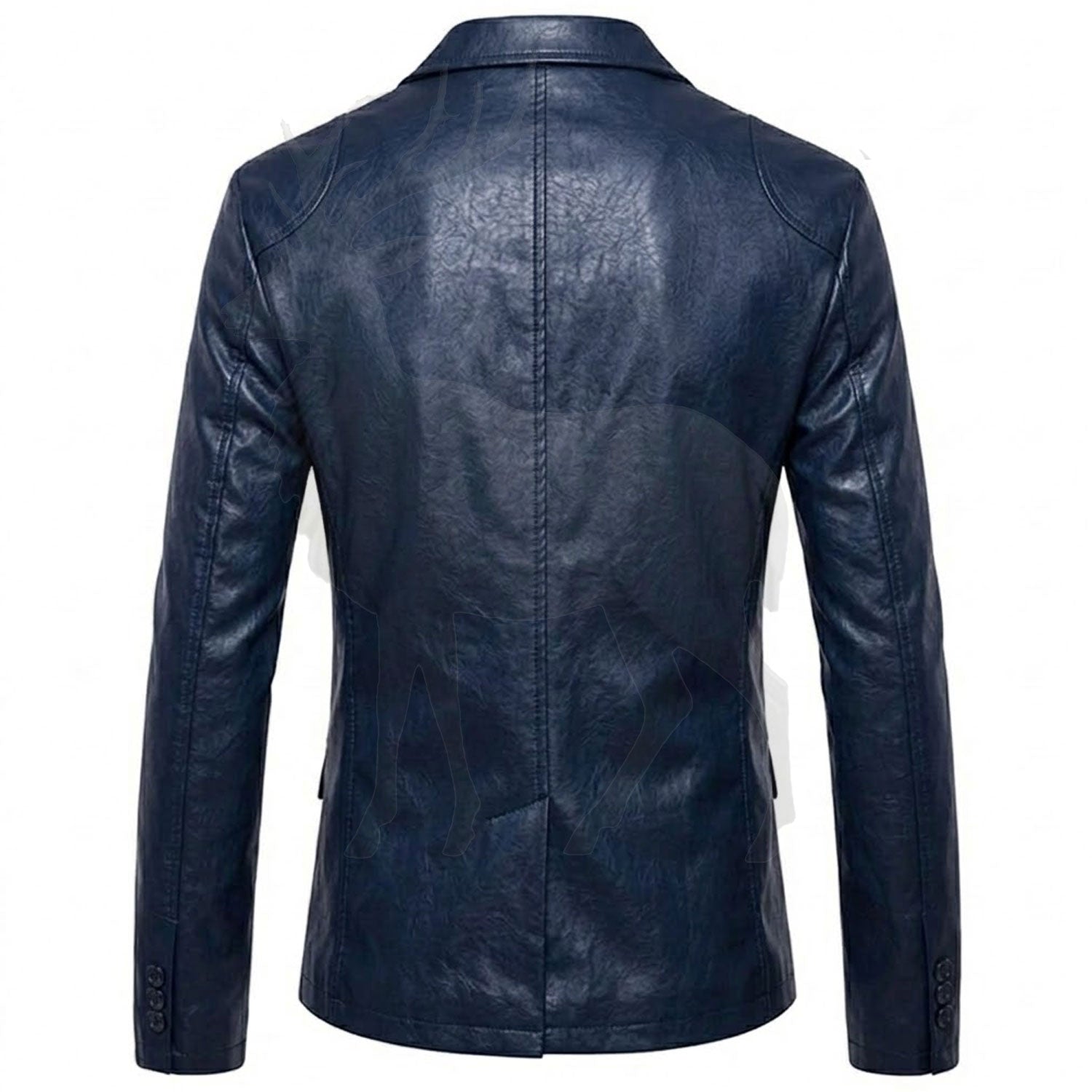 Men’s navy blue leather blazer back view clean tailored silhouette premium genuine leather formal fashion coat