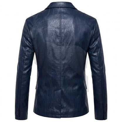 Men’s navy blue leather blazer back view clean tailored silhouette premium genuine leather formal fashion coat