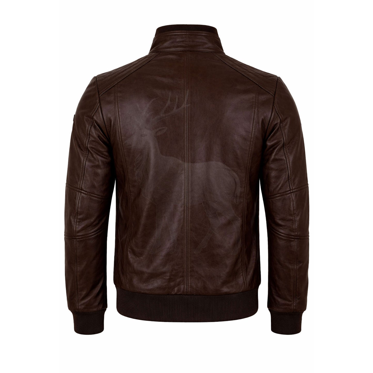 Men’s brown leather bomber jacket back view clean vintage design ribbed hem premium genuine leather outerwear