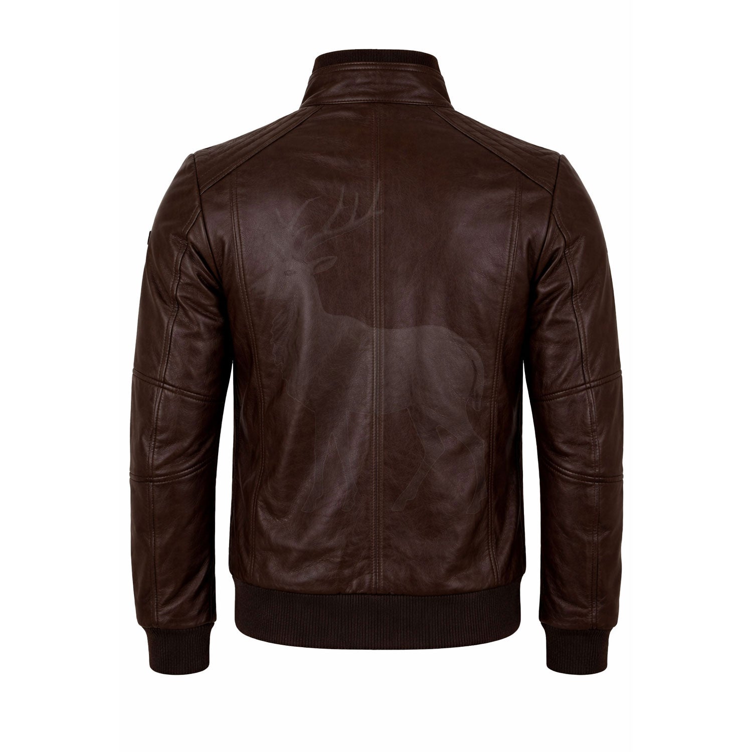 Men’s brown leather bomber jacket back view clean vintage design ribbed hem premium genuine leather outerwear