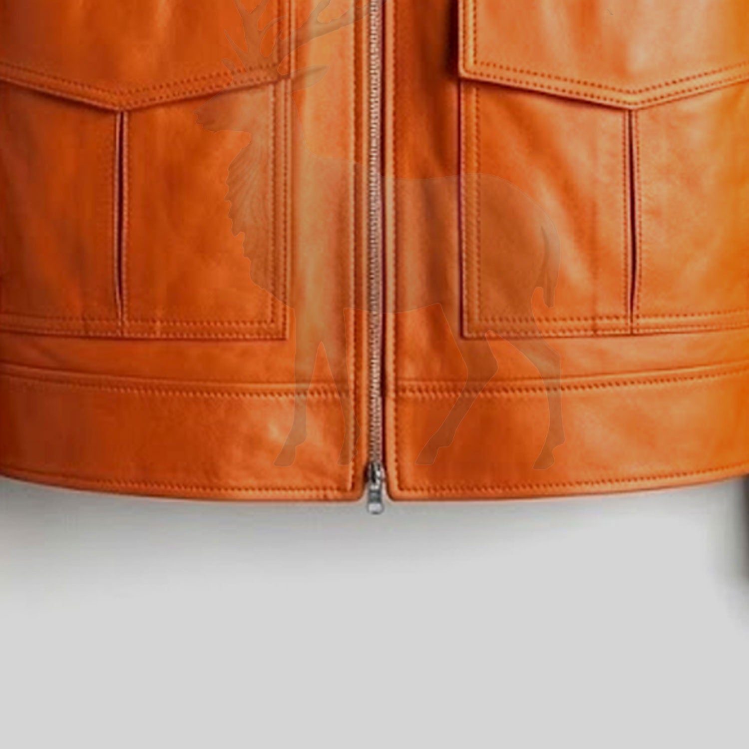 Close up lower zipper detail on men’s orange leather jacket smooth metal zip premium genuine leather vintage finish