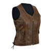 Women's Vintage Brown Leather Biker Vest with Side Laces
