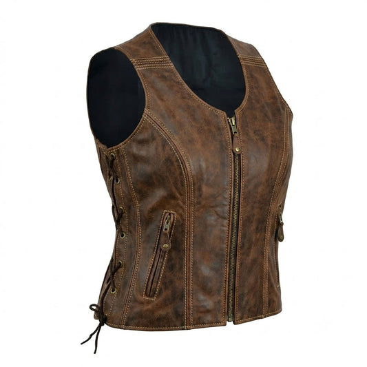 Women's vintage brown leather biker vest front view