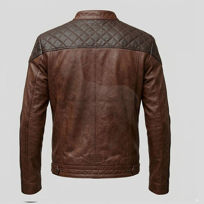 Men’s brown leather biker jacket back view structured fit genuine leather outerwear quilted shoulder detailing vintage style