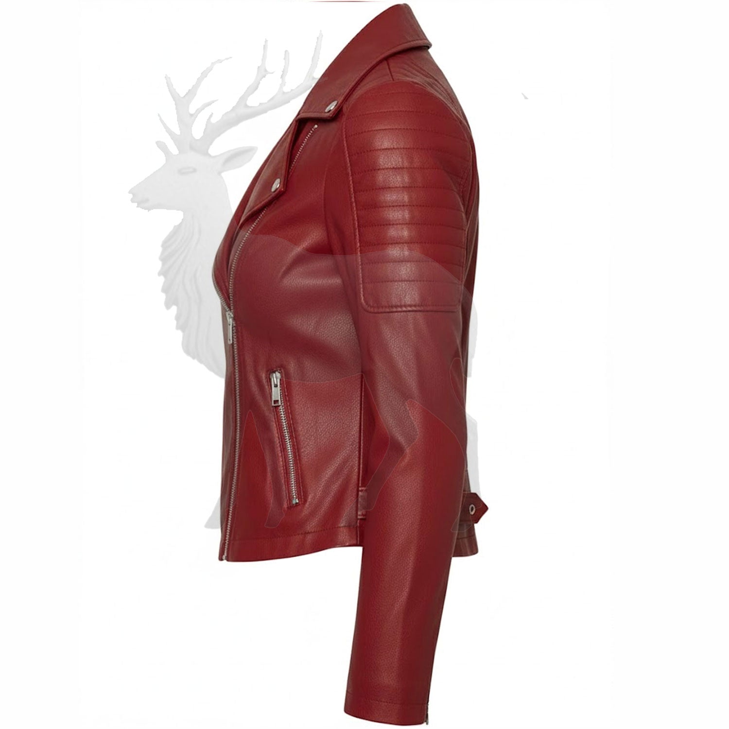 Women’s red leather biker jacket side view fitted moto design asymmetrical front cropped style genuine leather jacket