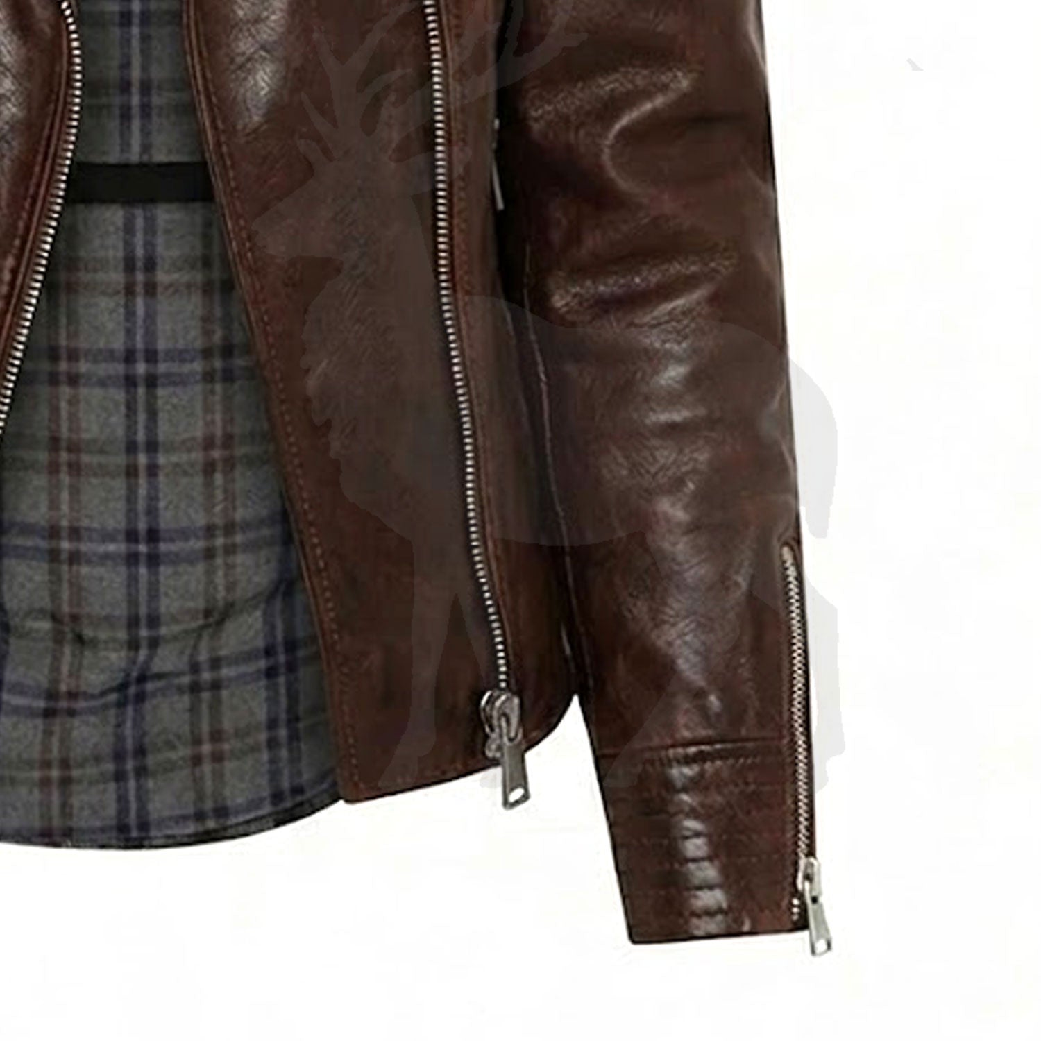Close up sleeve zipper of brown leather biker jacket with metal zip cuff detail adjustable wrist design premium finish