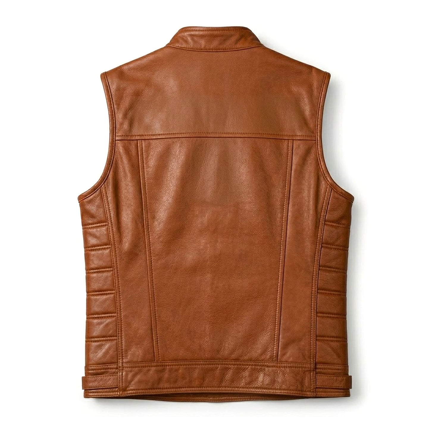 Brown leather vest ribbed side panel detail