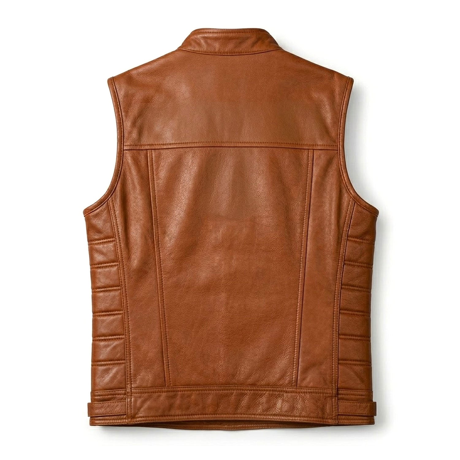 Brown leather vest ribbed side panel detail