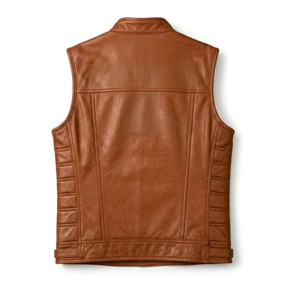 Brown leather vest ribbed side panel detail