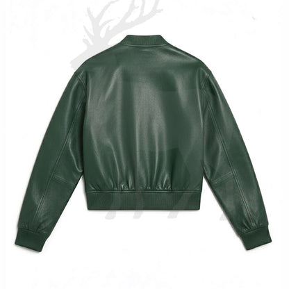 Green leather bomber jacket back view clean minimalist design ribbed waistband smooth finish premium unisex leather streetwear jacket