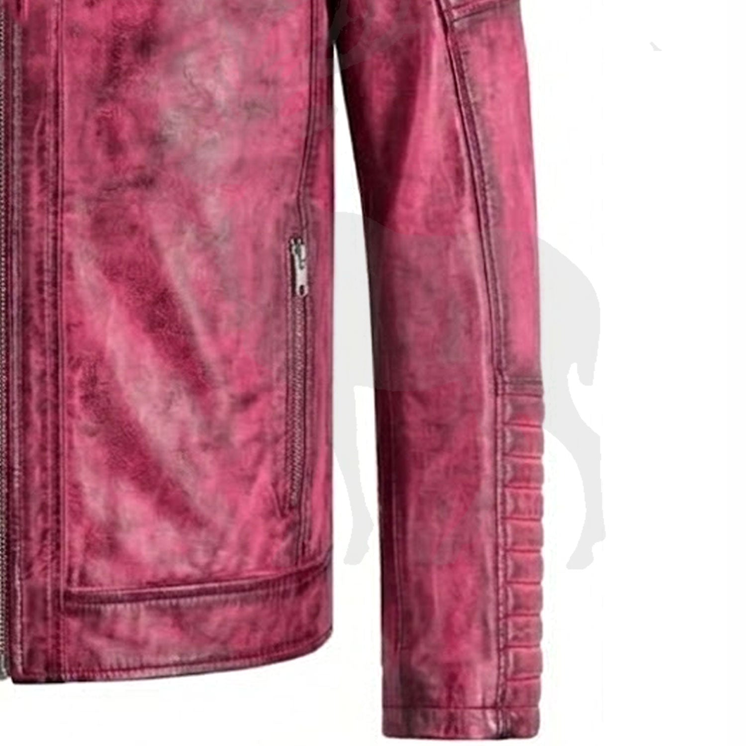 Close up sleeve of red distressed leather biker jacket quilted sleeve panels premium stitching rugged leather biker texture