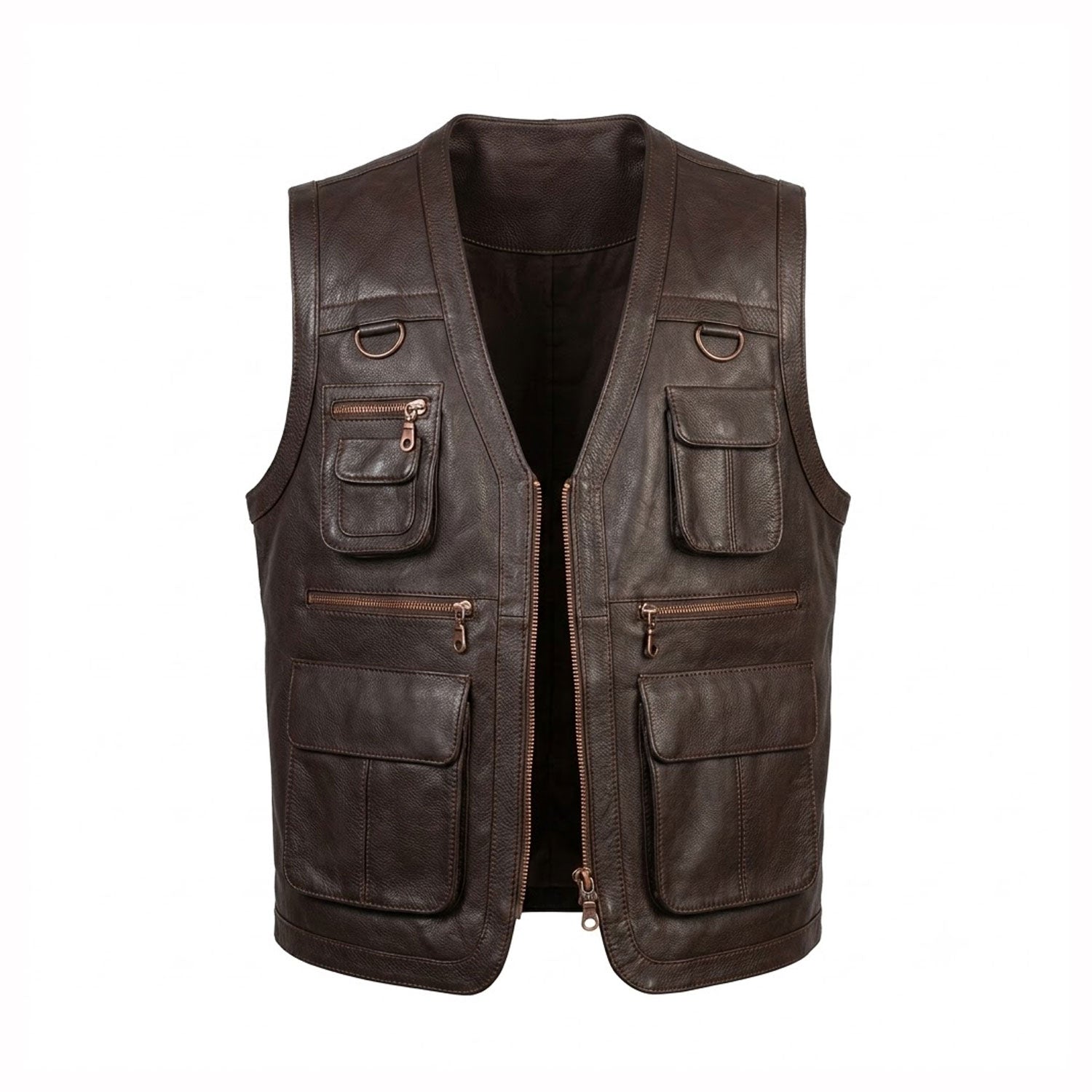 1. Men's dark brown leather utility vest front view
