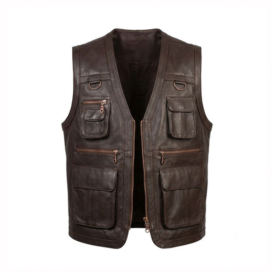 1. Men's dark brown leather utility vest front view
