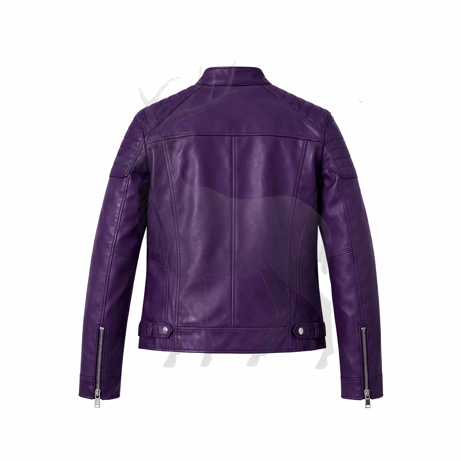 Women’s purple leather jacket back view sleek tailored silhouette smooth leather finish modern biker fashion outerwear