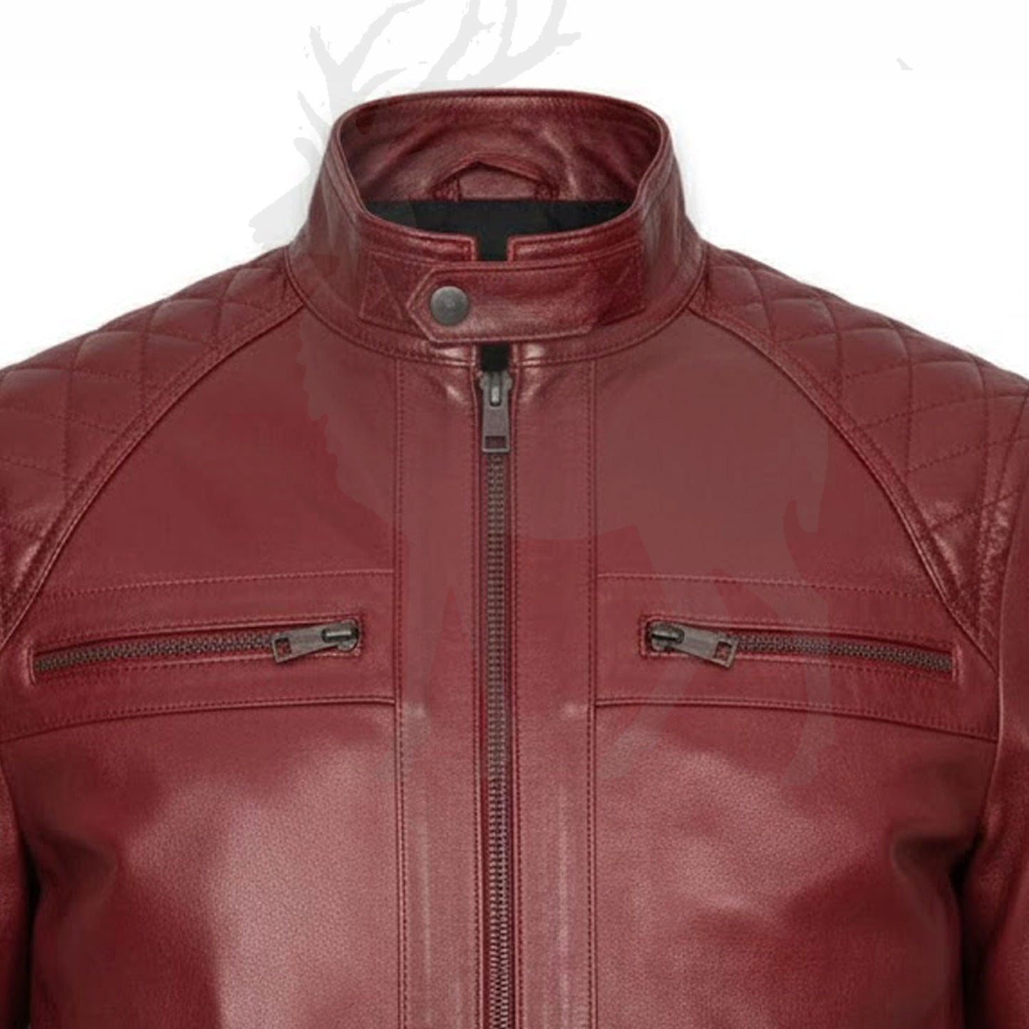 Close up stand collar of red leather jacket snap button closure structured biker style smooth premium leather finish