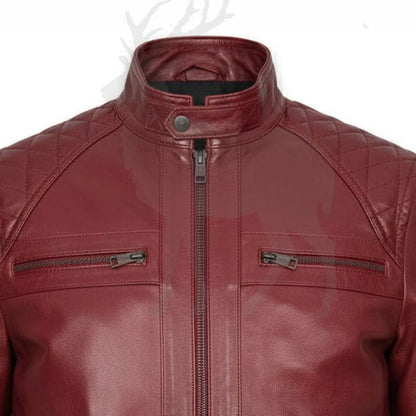 Close up stand collar of red leather jacket snap button closure structured biker style smooth premium leather finish