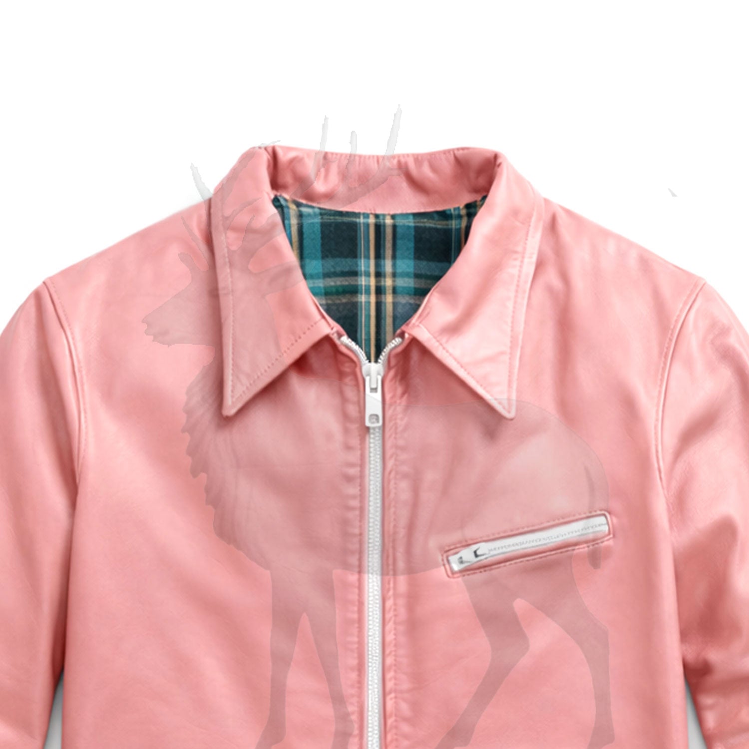 Close up classic collar on women’s pink leather jacket premium stitching soft leather texture vintage inspired detail