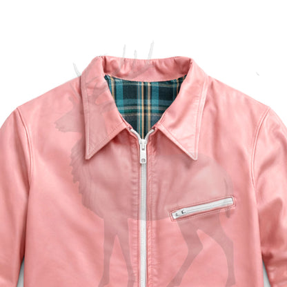 Close up classic collar on women’s pink leather jacket premium stitching soft leather texture vintage inspired detail