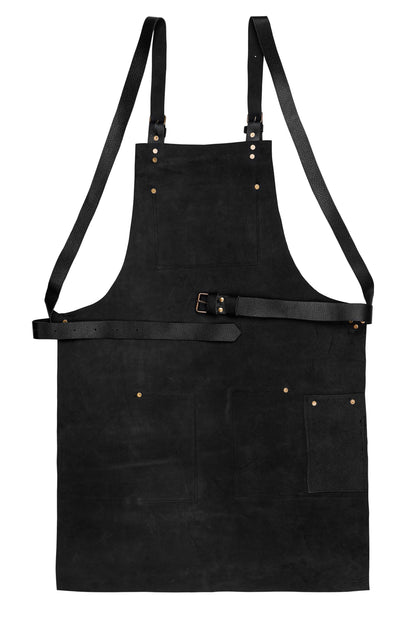 Detail shot of stitching and brass rivets on apron