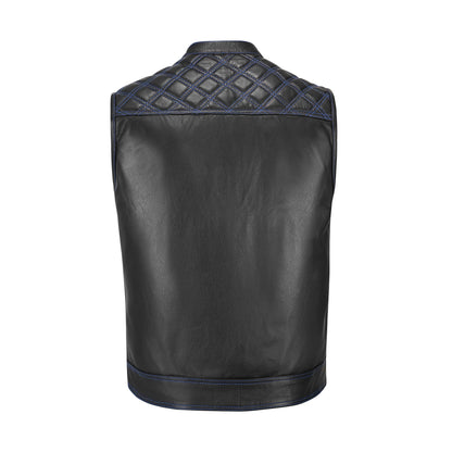 Blue cowhide vest customization patch area