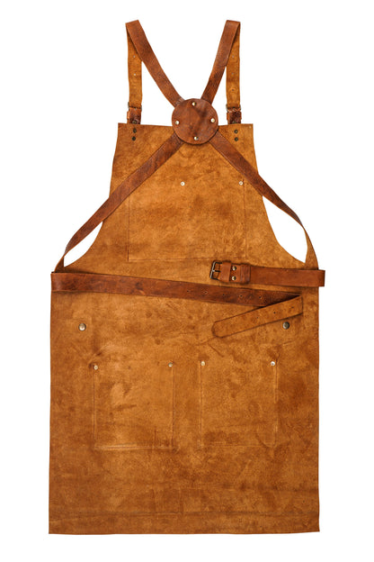 Back view of leather work apron with adjustable cross straps