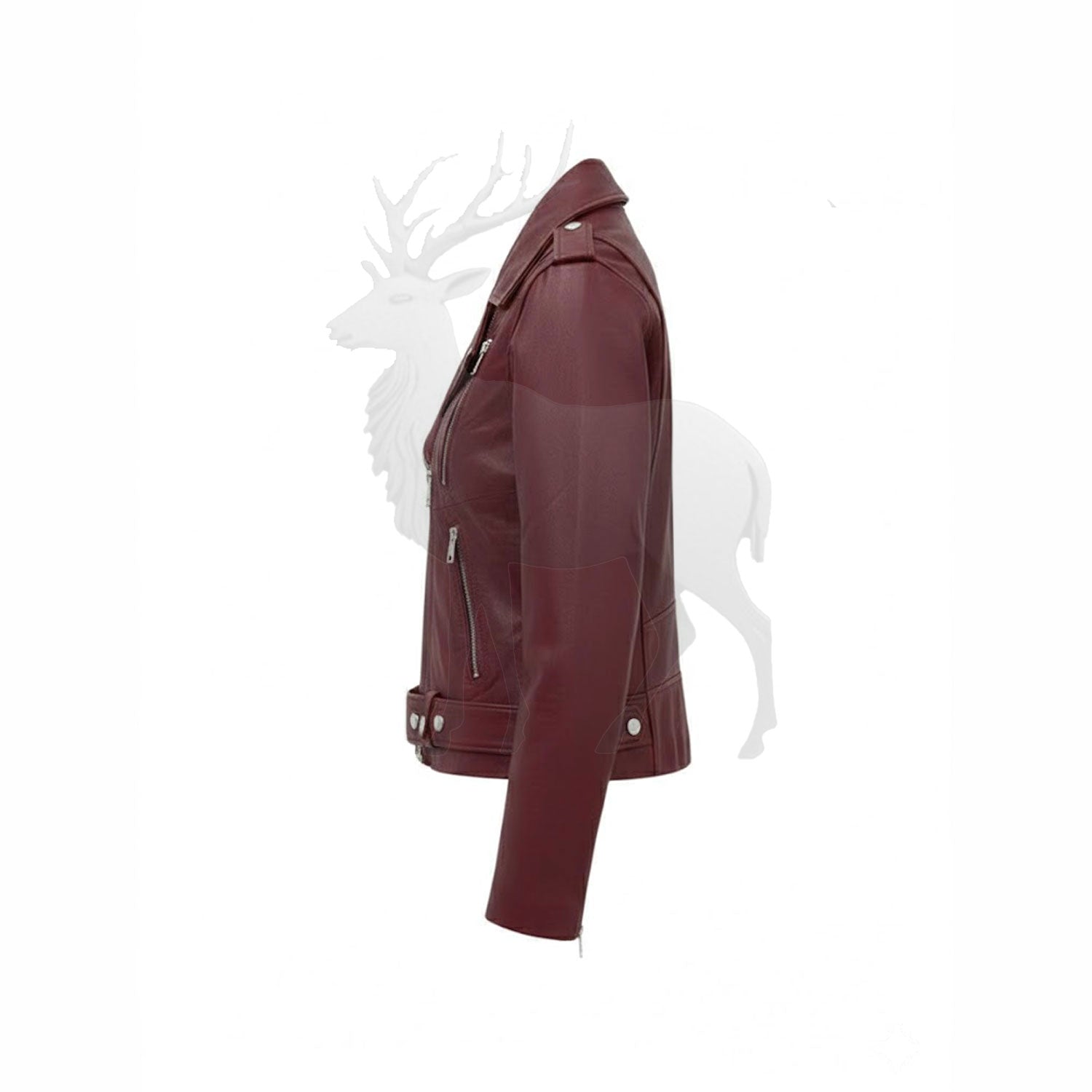 Women’s burgundy leather biker jacket side view tailored slim fit moto style zip details and cropped fashion design