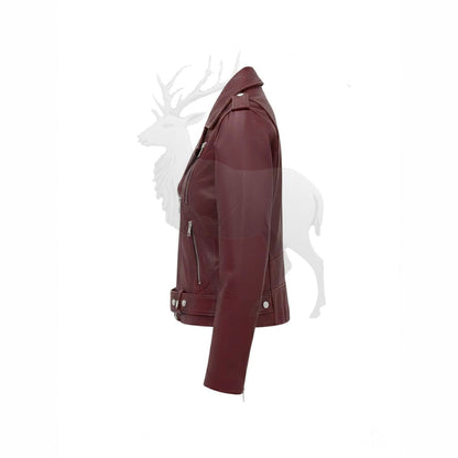 Women’s burgundy leather biker jacket side view tailored slim fit moto style zip details and cropped fashion design