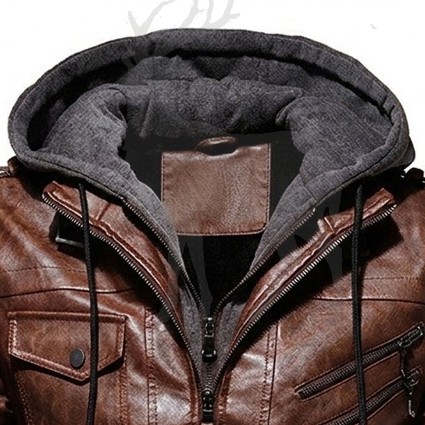 Close up hooded collar of brown leather jacket with soft inner lining adjustable drawstrings and premium leather detail