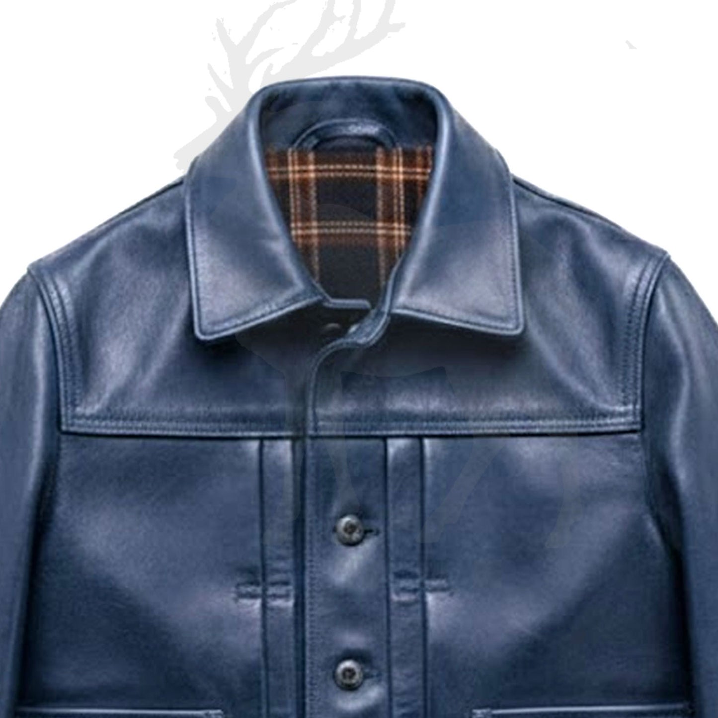 Close up classic collar blue leather jacket button front shirt style premium genuine leather detail